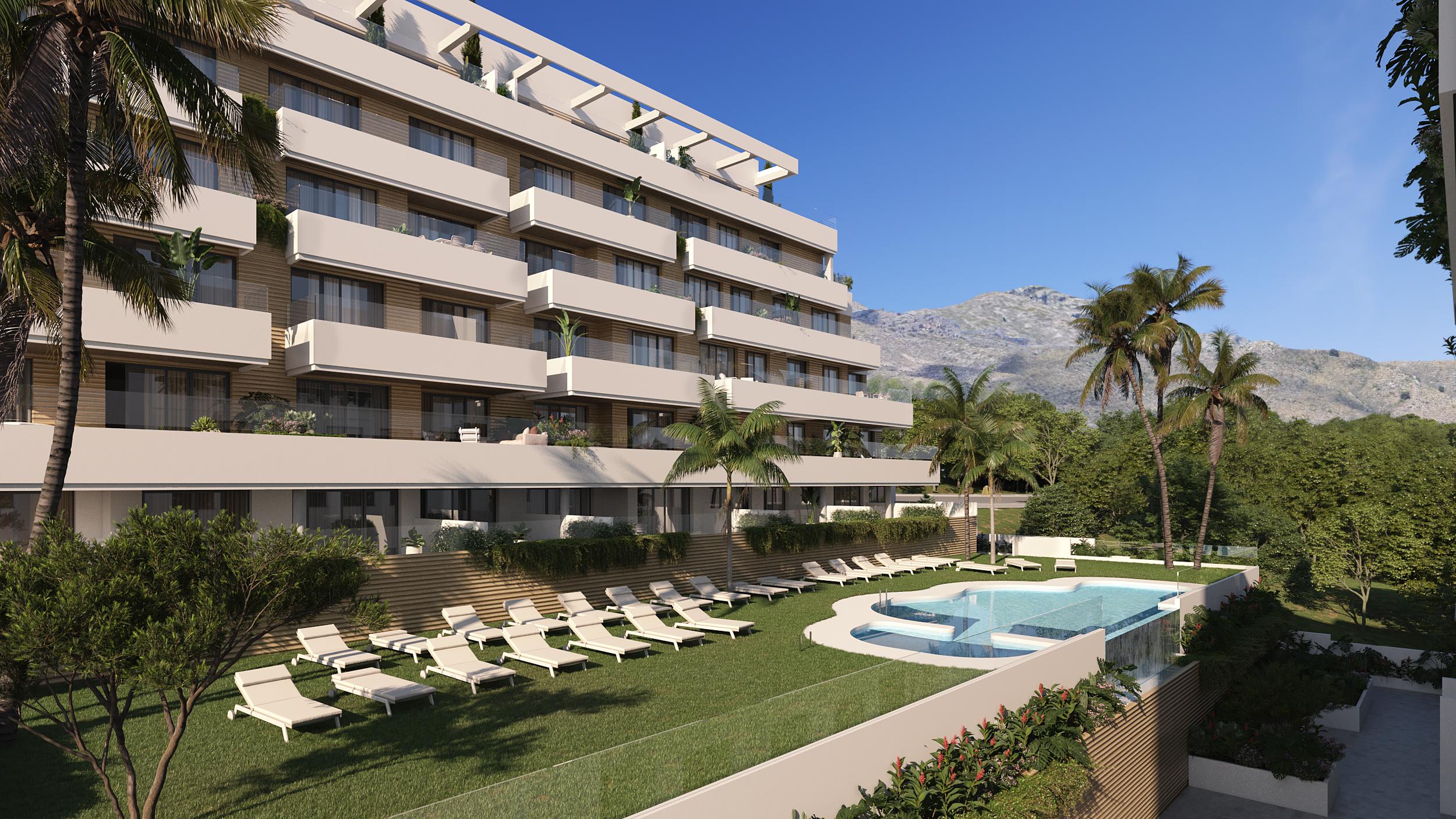 Communal pool and sunbathing area, new-build development, Torremolinos