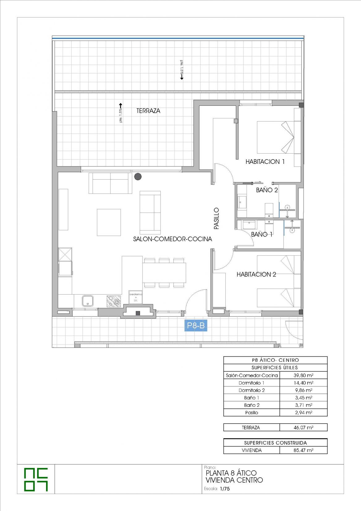 Floor plan of the 2-bedroom penthouse in Las Azaleas