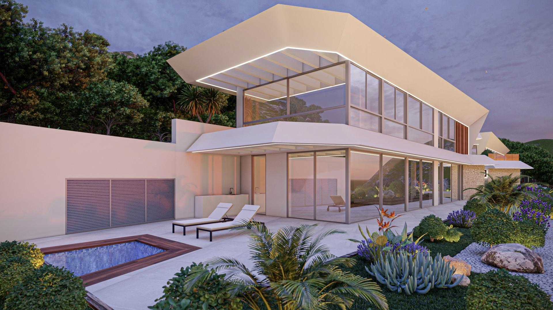 Glazed facade of new-build villa, Puerto, Calpe