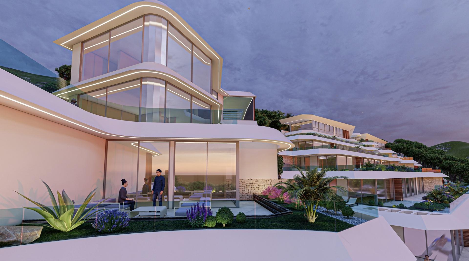 Night-time exterior of new-build villa, Puerto, Calpe