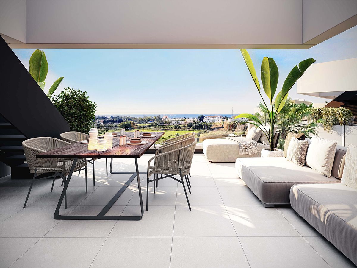 Communal pool area of new-build development, Urb Playa Cancelada, Estepona