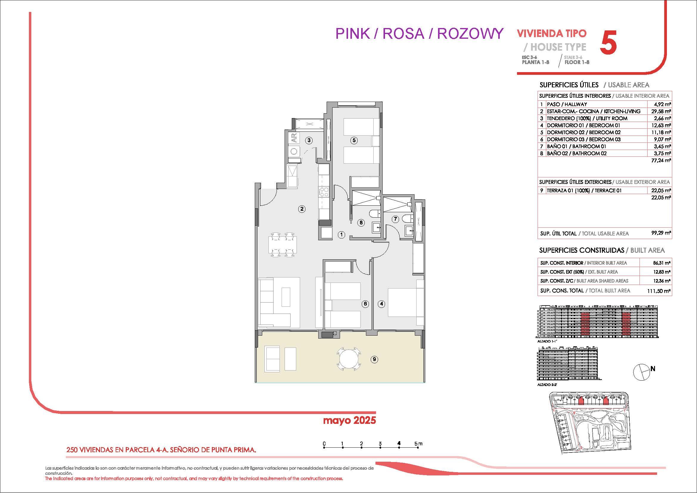 Floor plan of 3-bedroom apartment on 2nd floor, Punta Prima, Torrevieja
