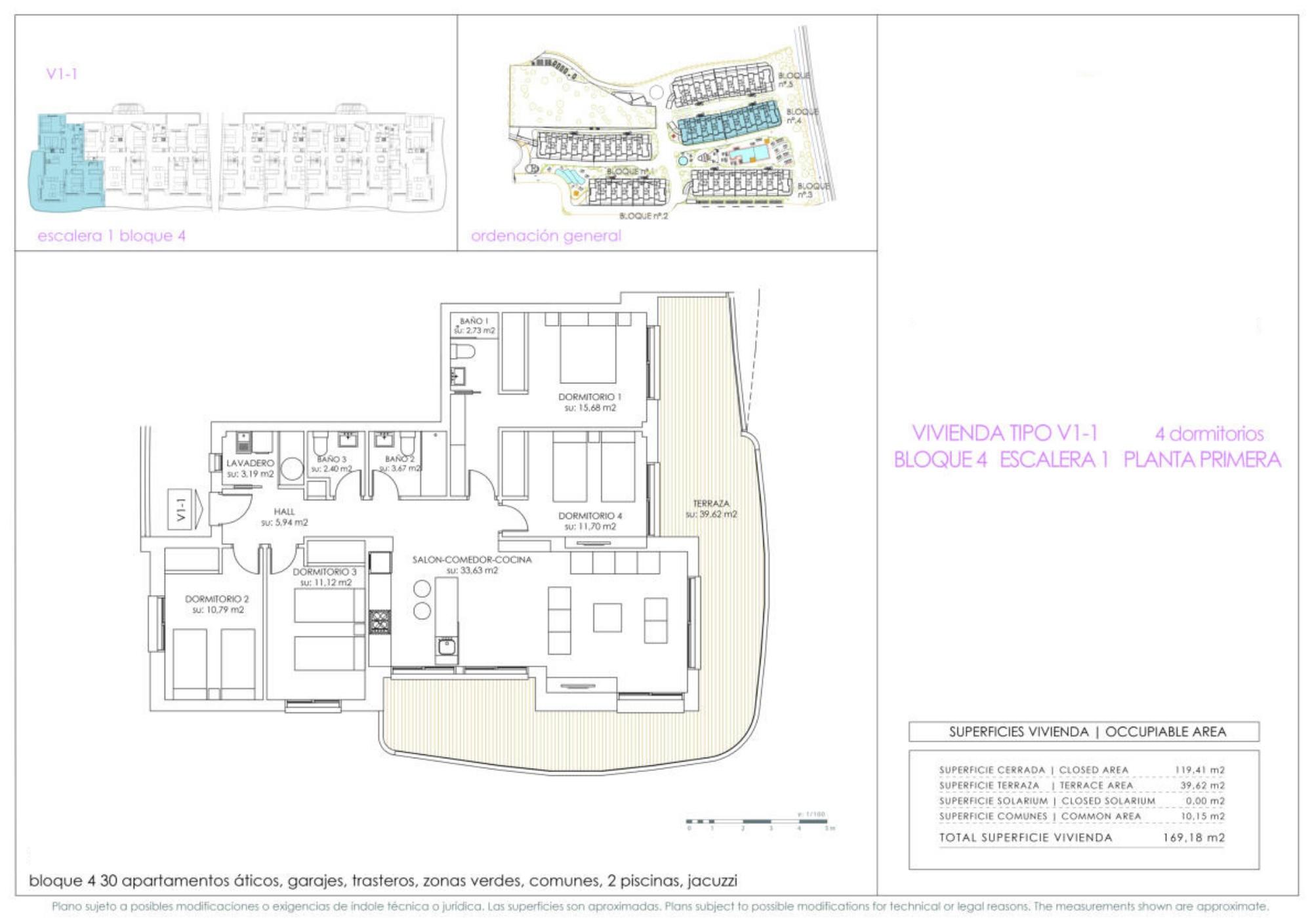 Floor plan of the 4-bedroom apartment in Orihuela Costa