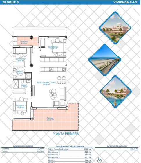 Floor plan of 3-bedroom apartment in Zona Pueblo, Pilar De La Horadada