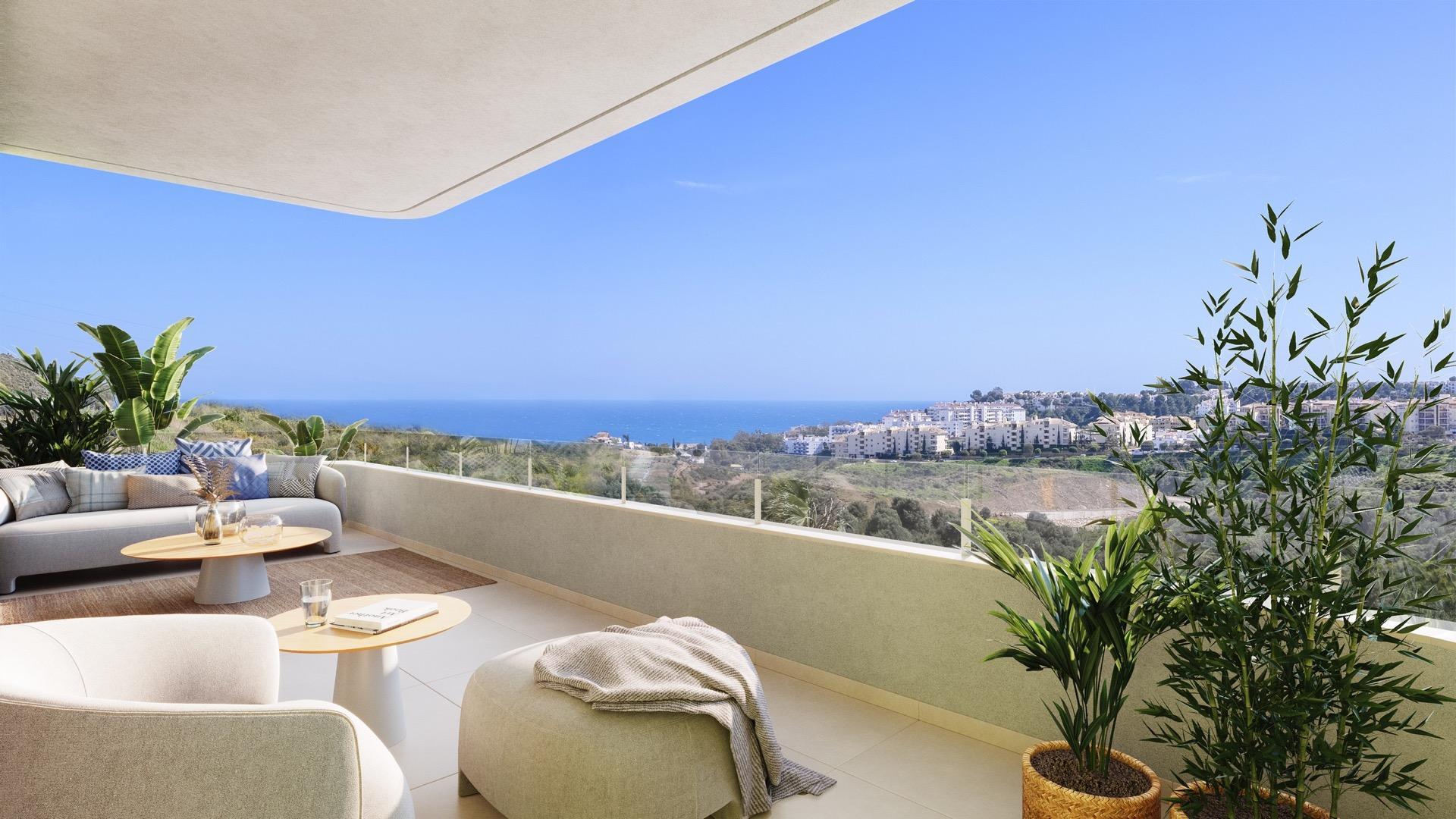 Communal gardens and pool deck, new-build development, La Cala de Mijas