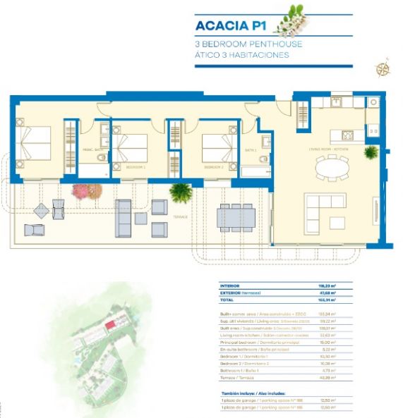 Floor plan of 3-bedroom penthouse on third floor, La Cala de Mijas
