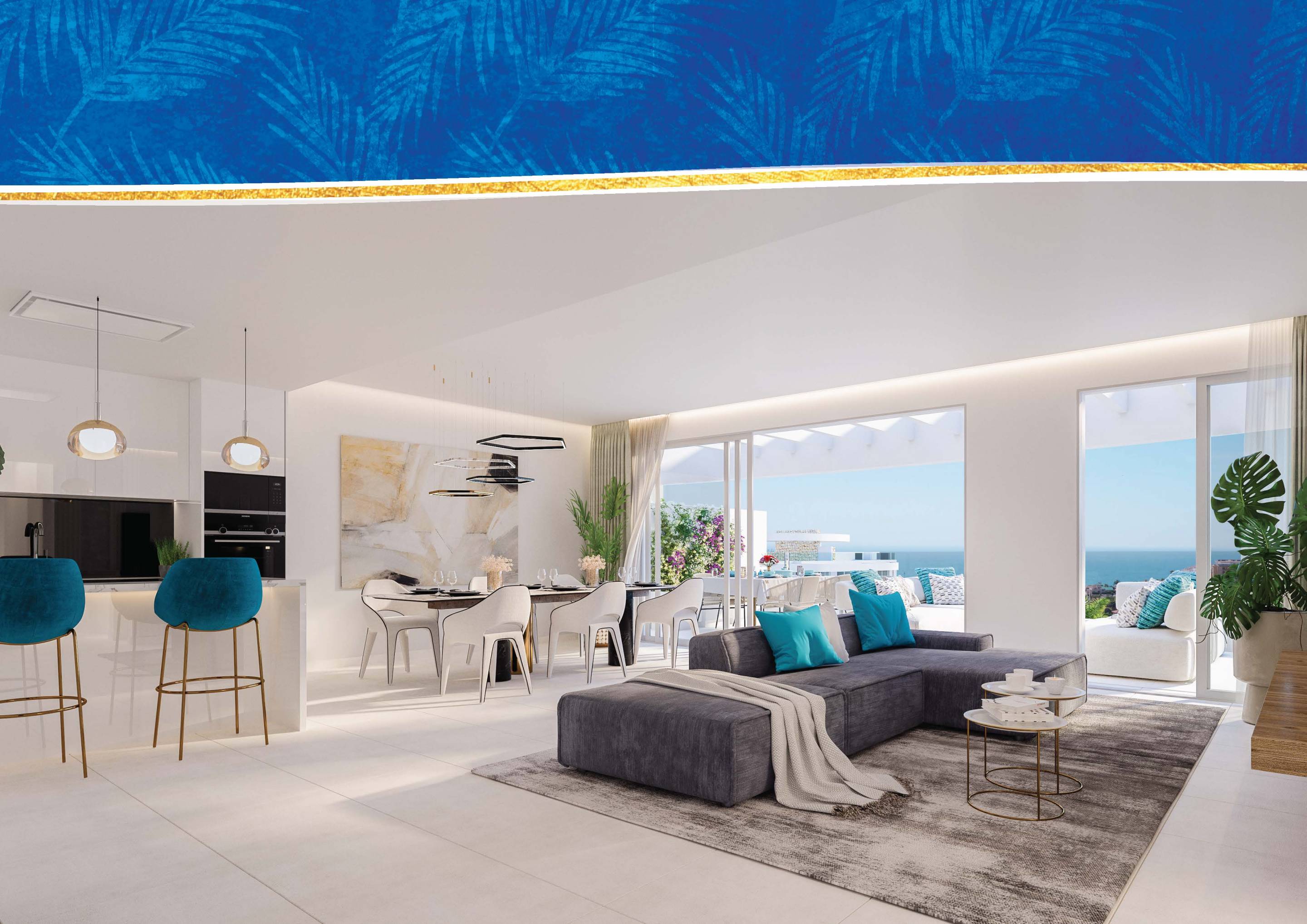 Living room looking towards terrace, new-build apartment, La Cala de Mijas