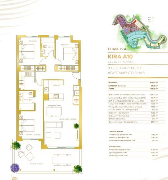 Floor plan of 3-bedroom apartment on first floor, La Cala de Mijas development