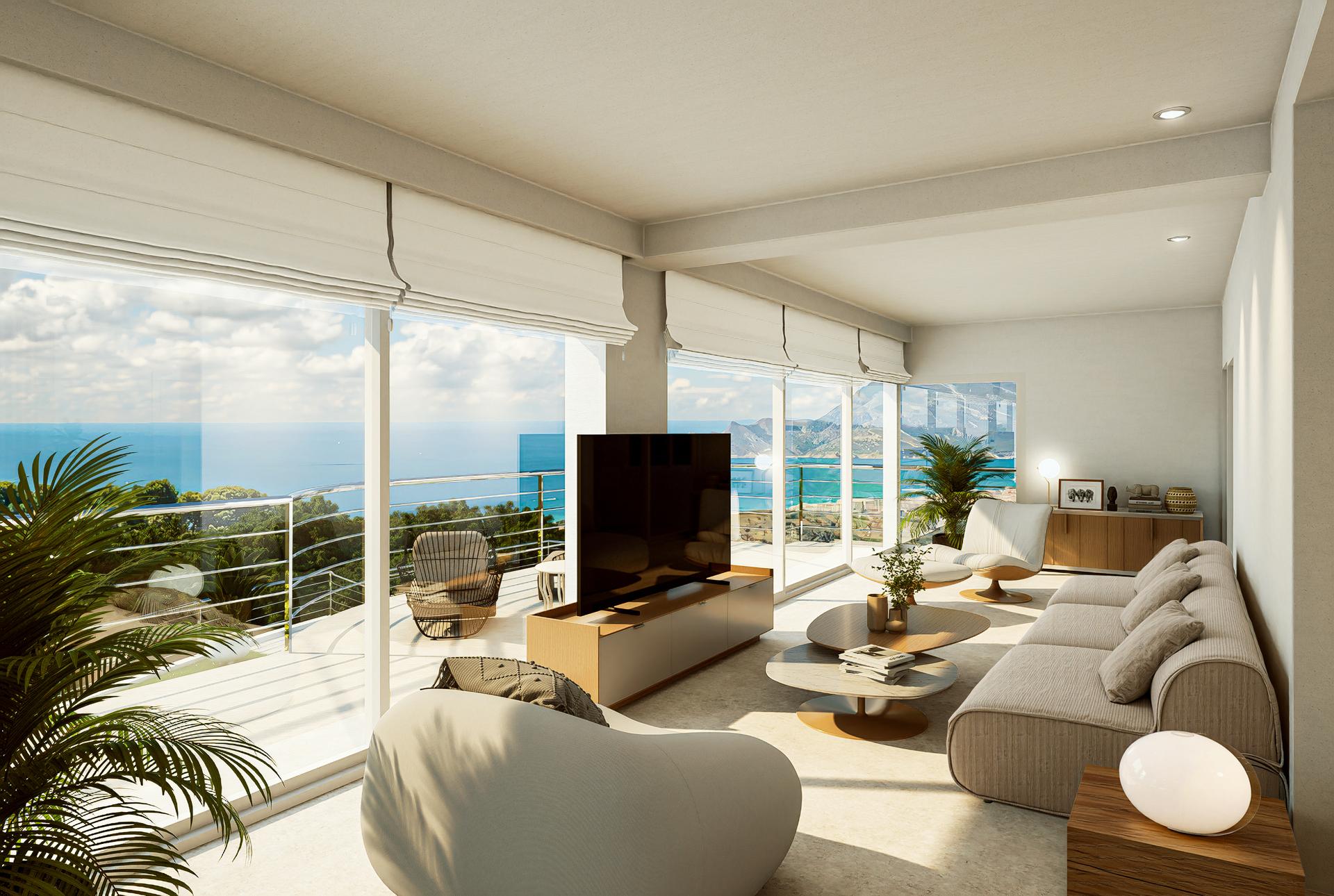 Terrace area overlooking hillside in villa, Altea Hills, Altea