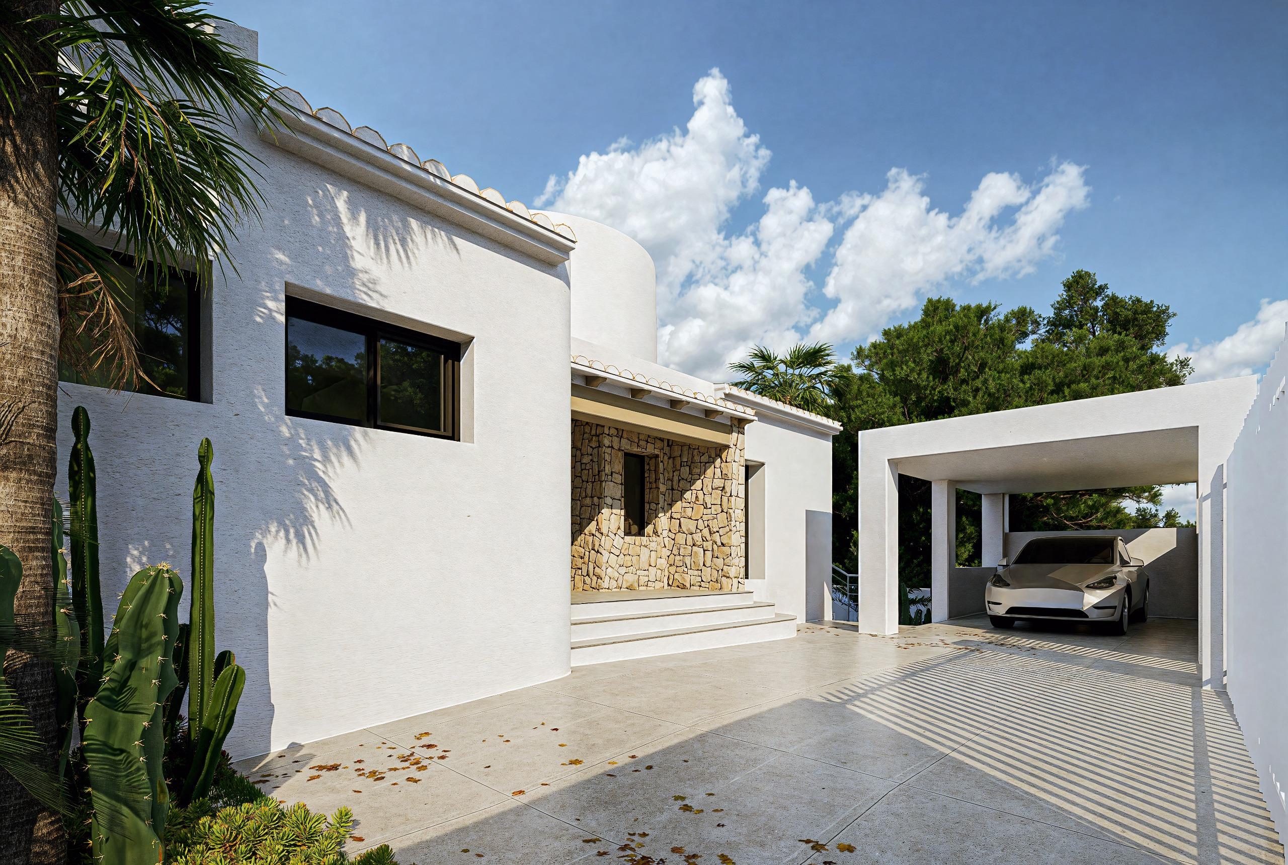 Night view of new-build villa exterior and plot, Altea Hills, Altea