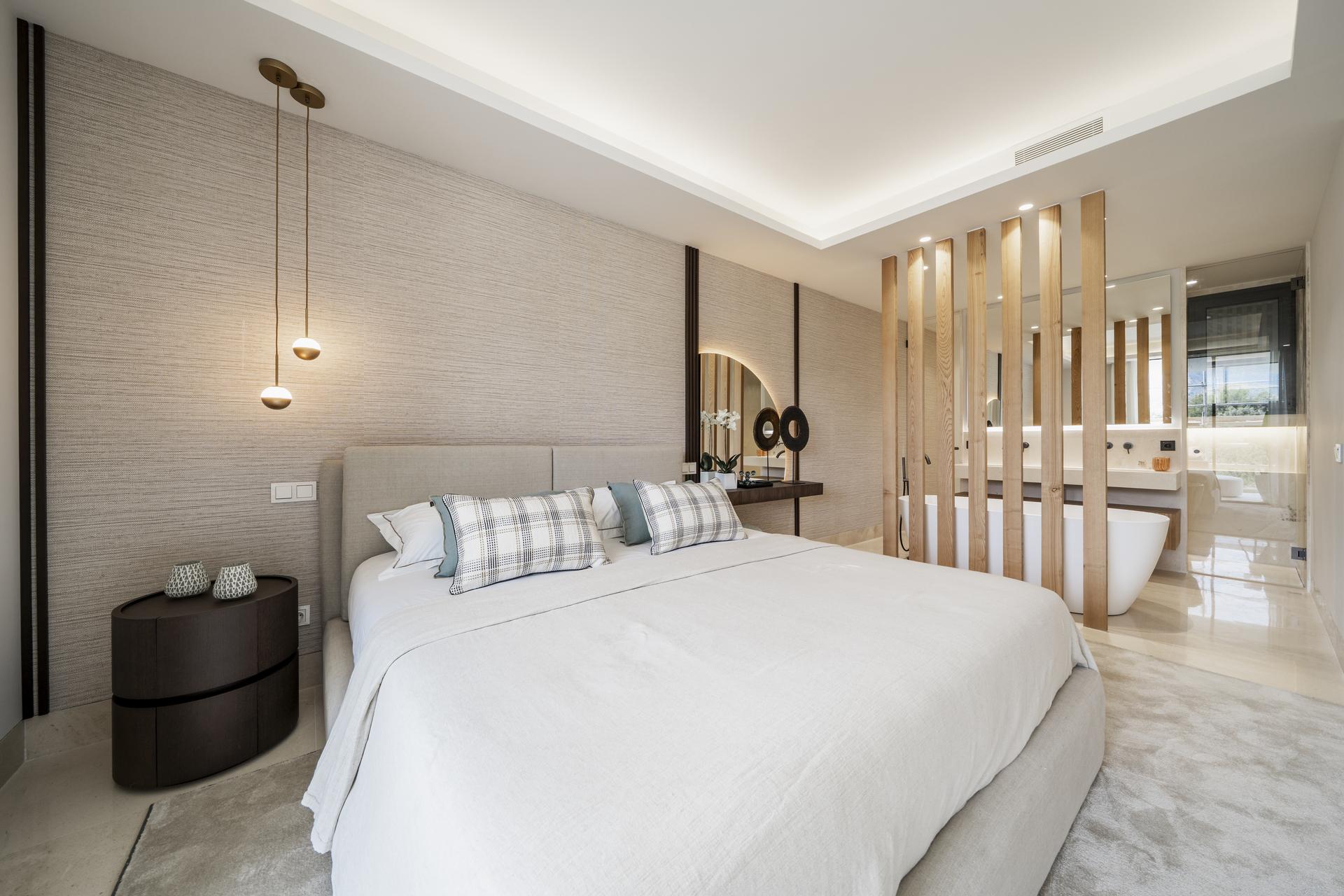 Sunlit interior of bedroom, 2-bedroom penthouse Aloha, Marbella