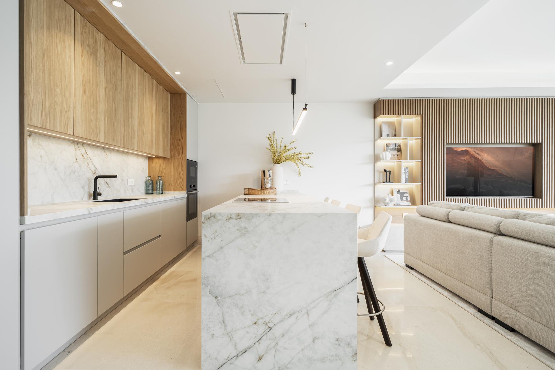 Detail of fitted kitchen cabinets, new-build penthouse Aloha