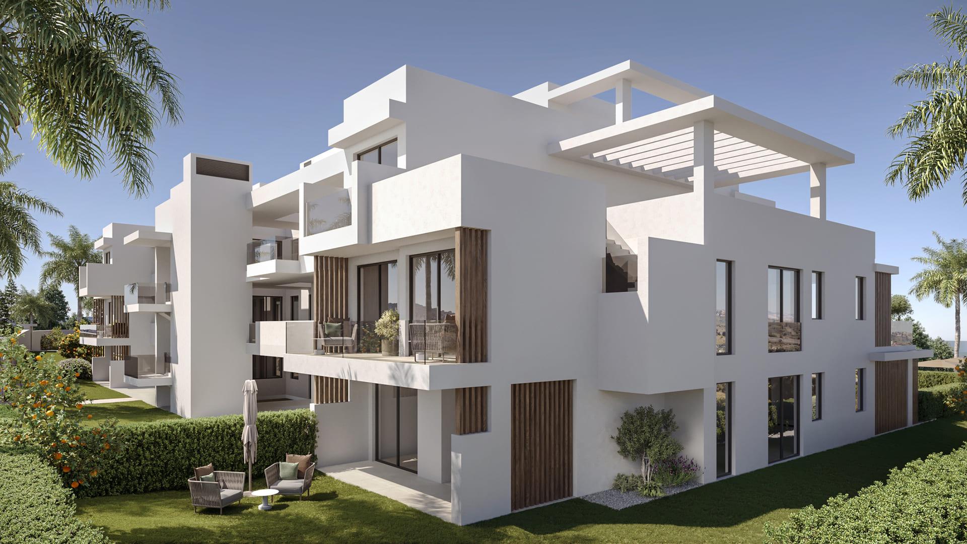 Communal pool viewed from penthouse terrace, Sotoserena, Estepona