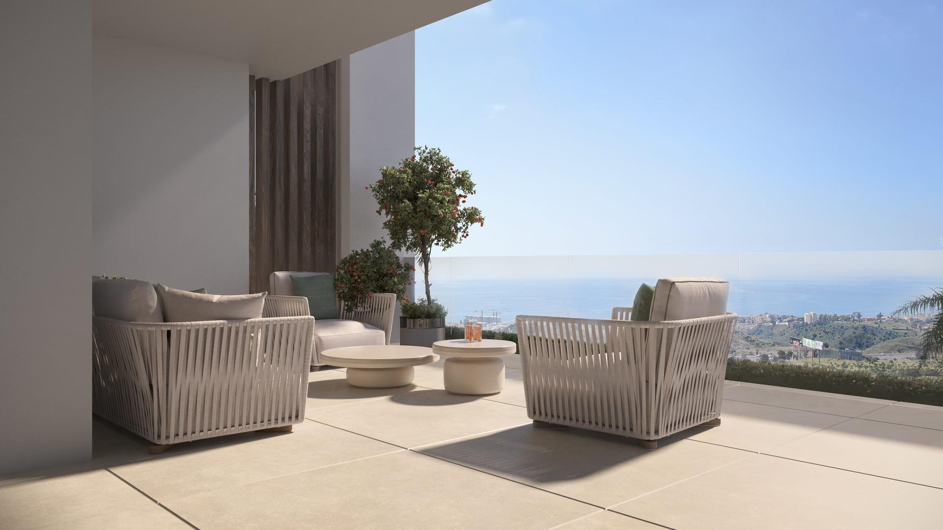 Render of open-plan dining area, new-build apartment, Sotoserena