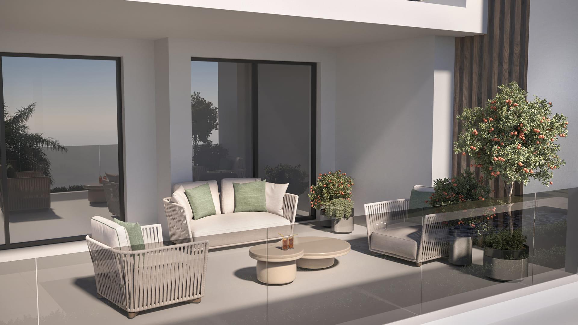Render of hallway detail, new-build apartment, Sotoserena, Estepona