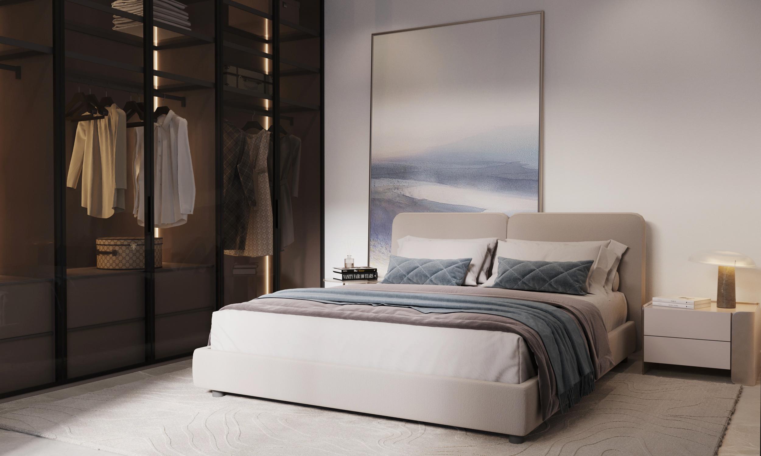 Master bedroom with fitted wardrobes in new-build apartment, Sotoserena