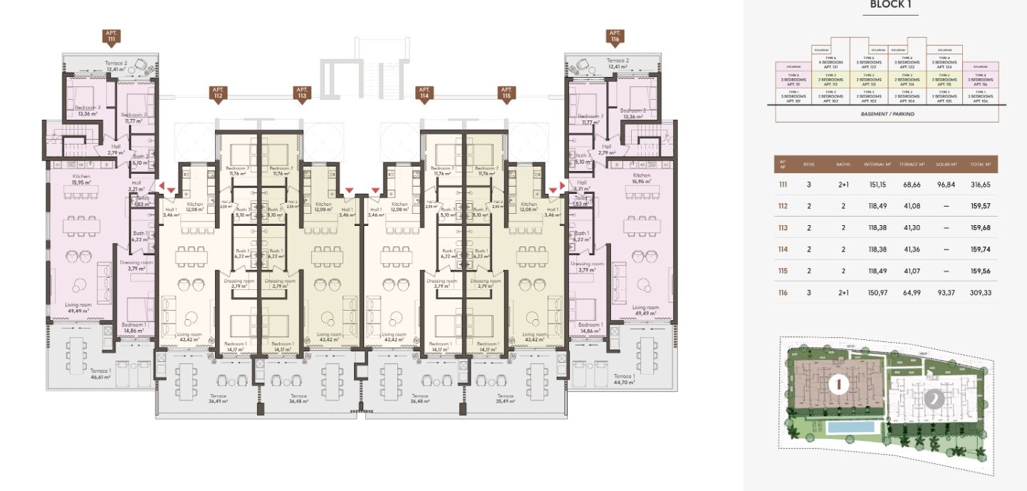 Floor plan of 4-bedroom first-floor apartment, Sotoserena, Estepona