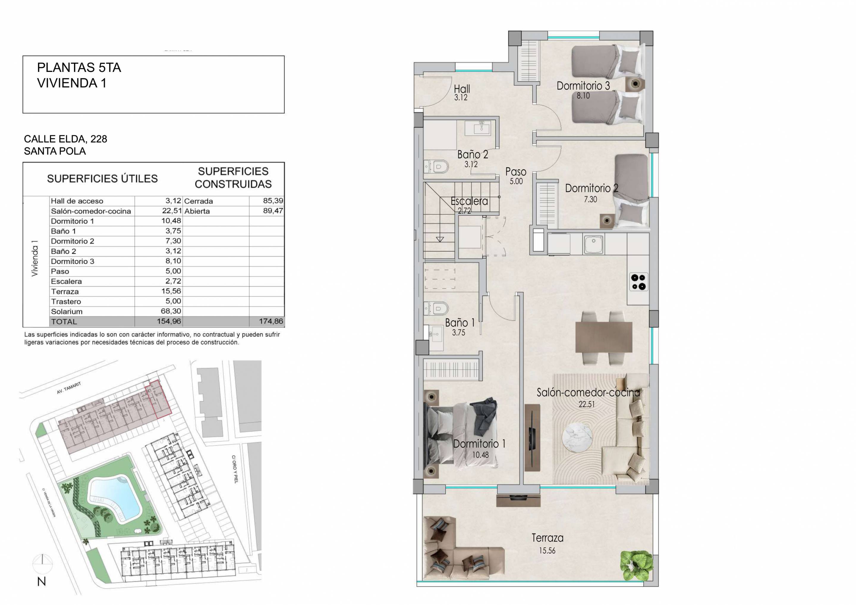Floor plan of the 3-bedroom penthouse in Tamarit (view 15)