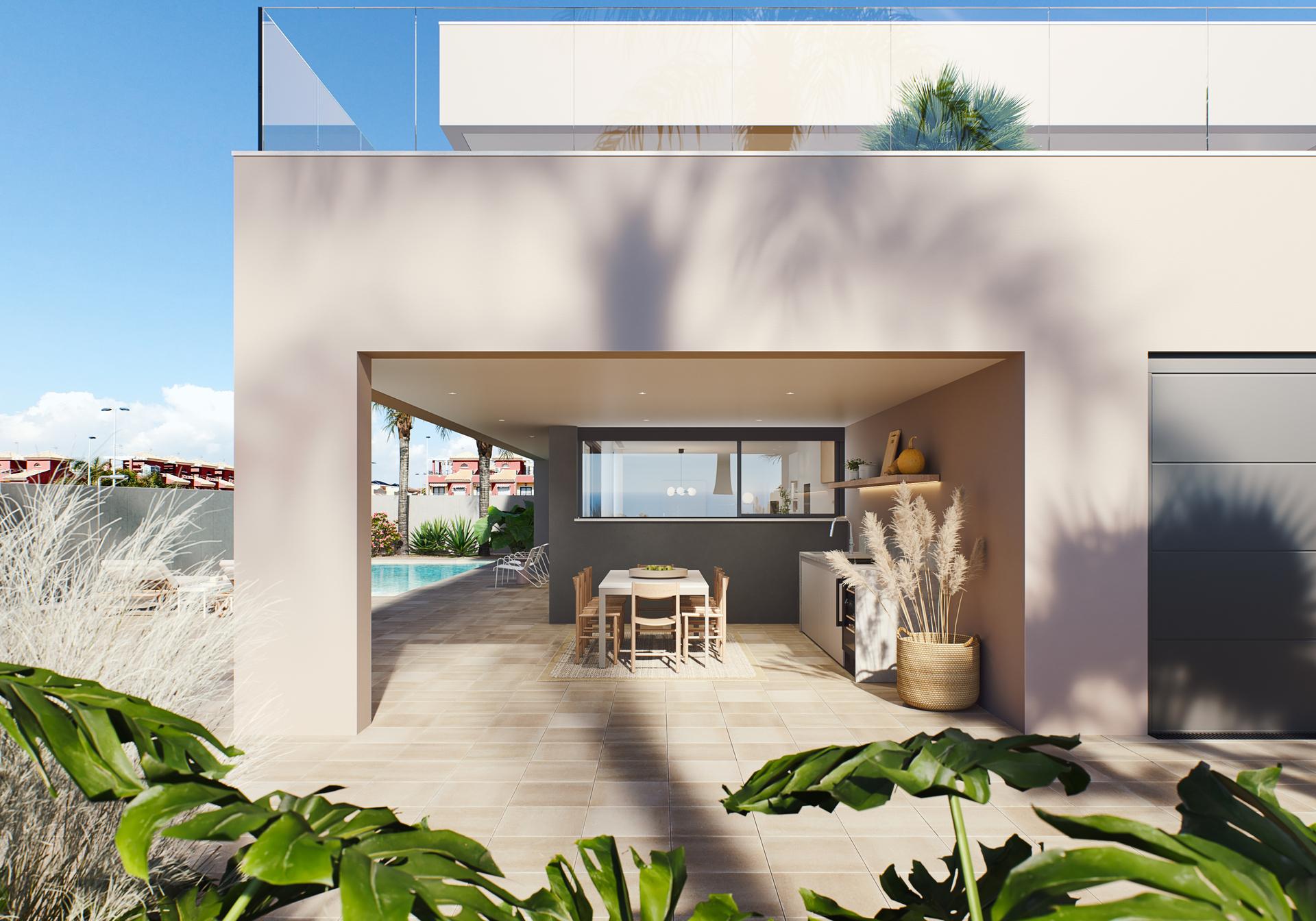Front facade of 5-bedroom new-build villa in La Zenia, Orihuela Costa