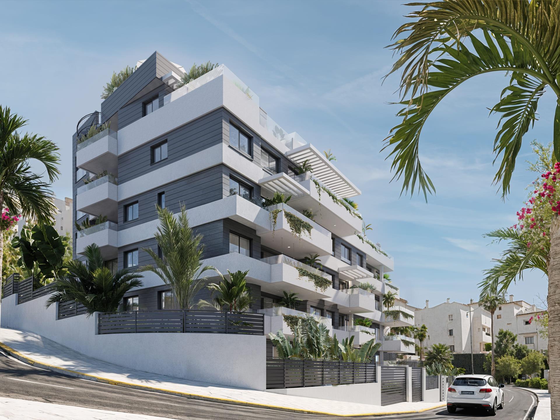Communal pool area of new-build development in Las Mesas, Estepona