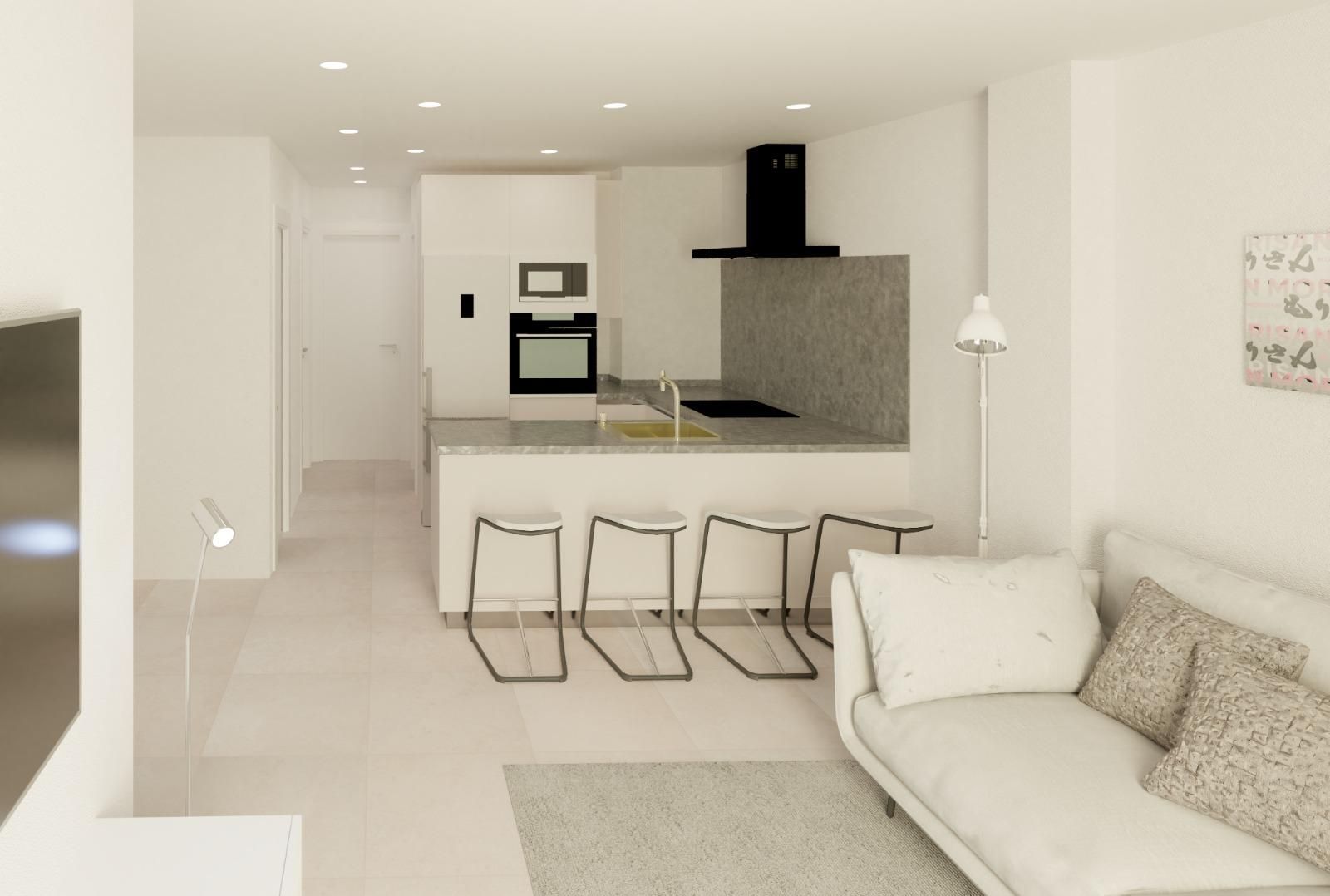 Kitchen with fitted units and tiled floor