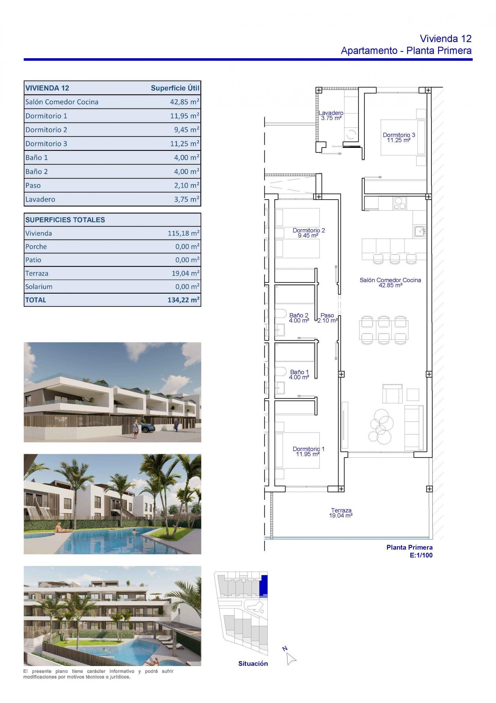 Floor plan of the 3-bedroom apartment in Zona Pueblo