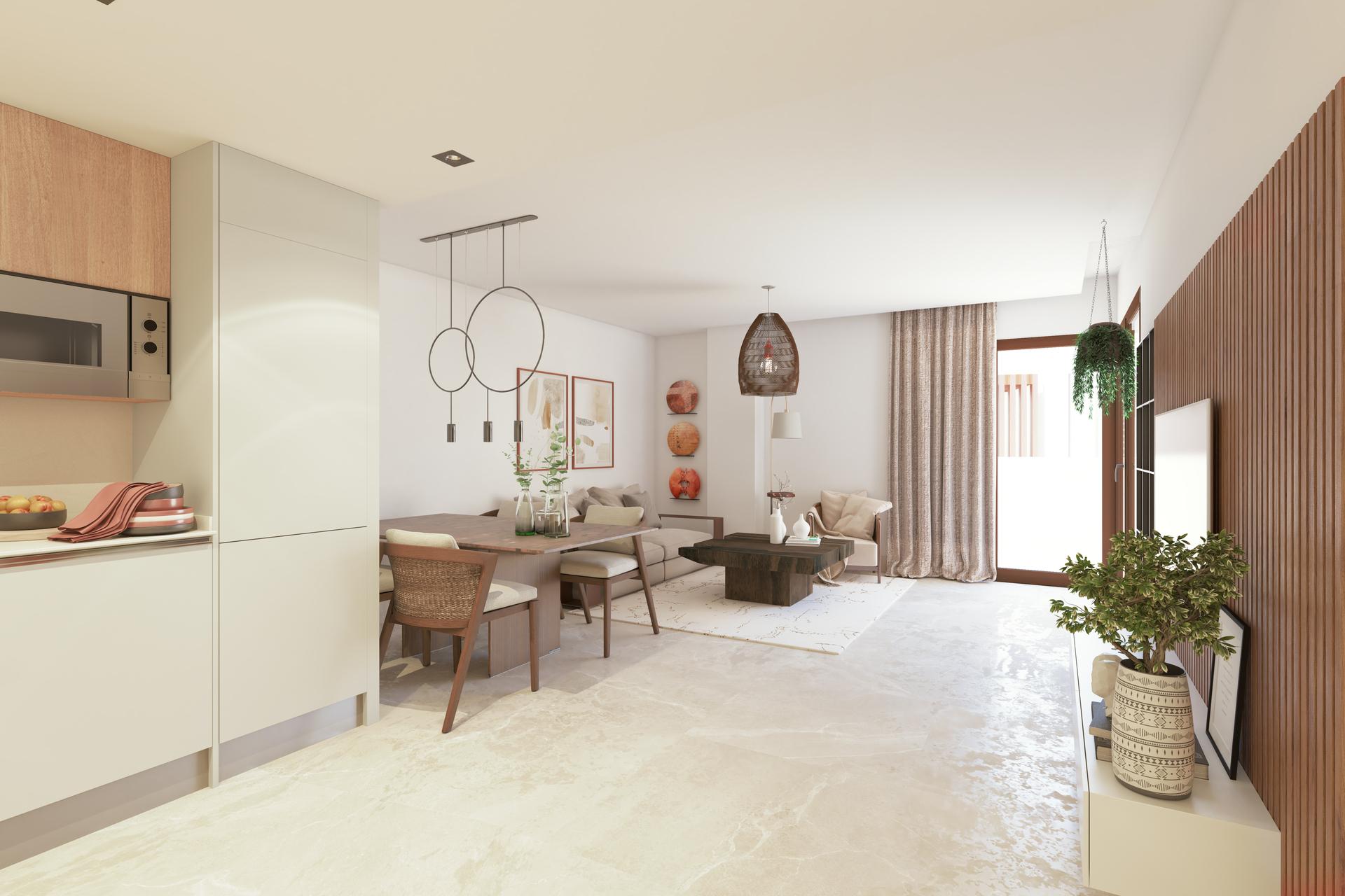 Kitchen detail showing worktop and cabinetry, new-build apartment, Benahavis