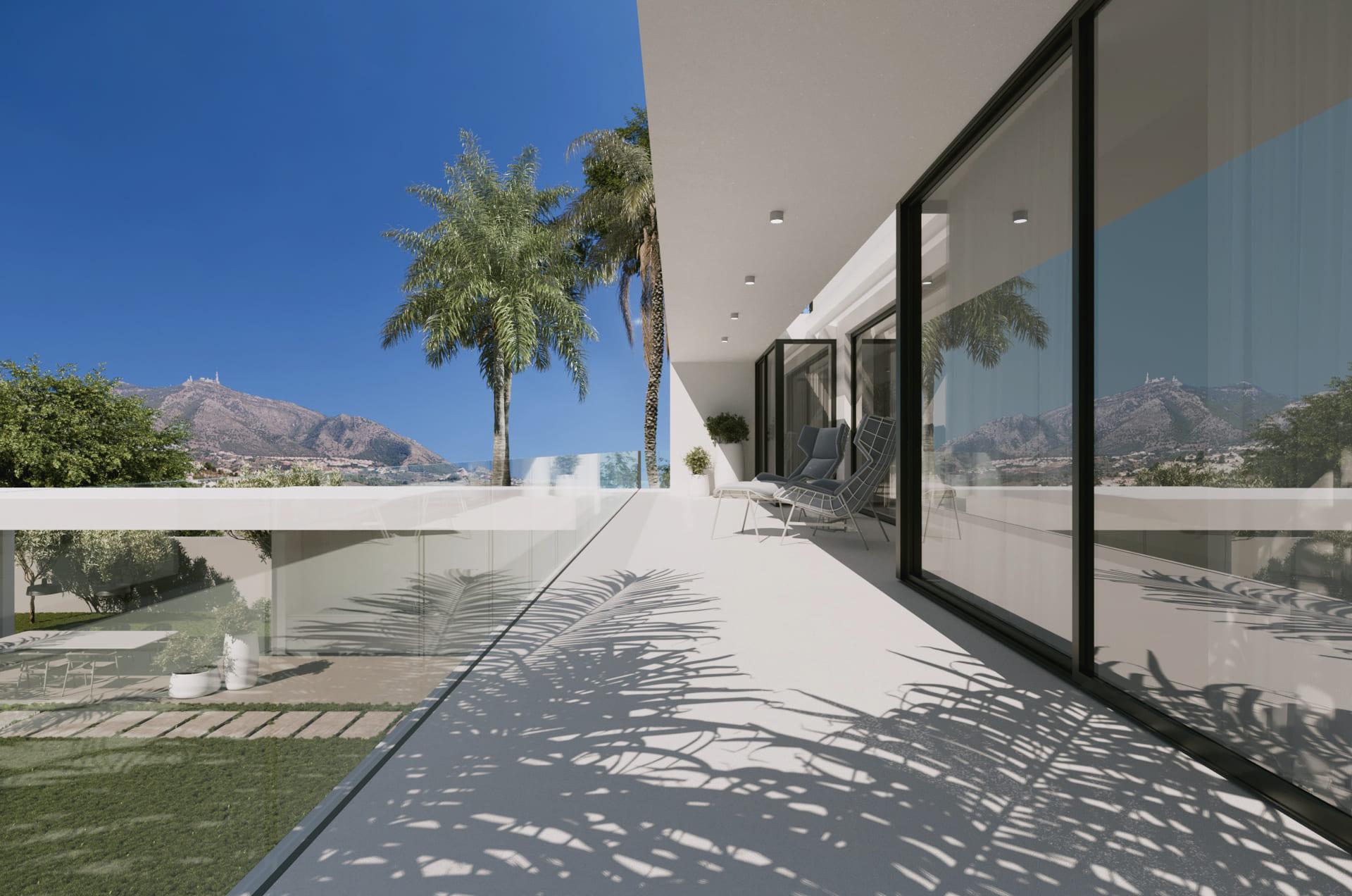 Architectural exterior detail of new-build villa, Cascada de Camojan