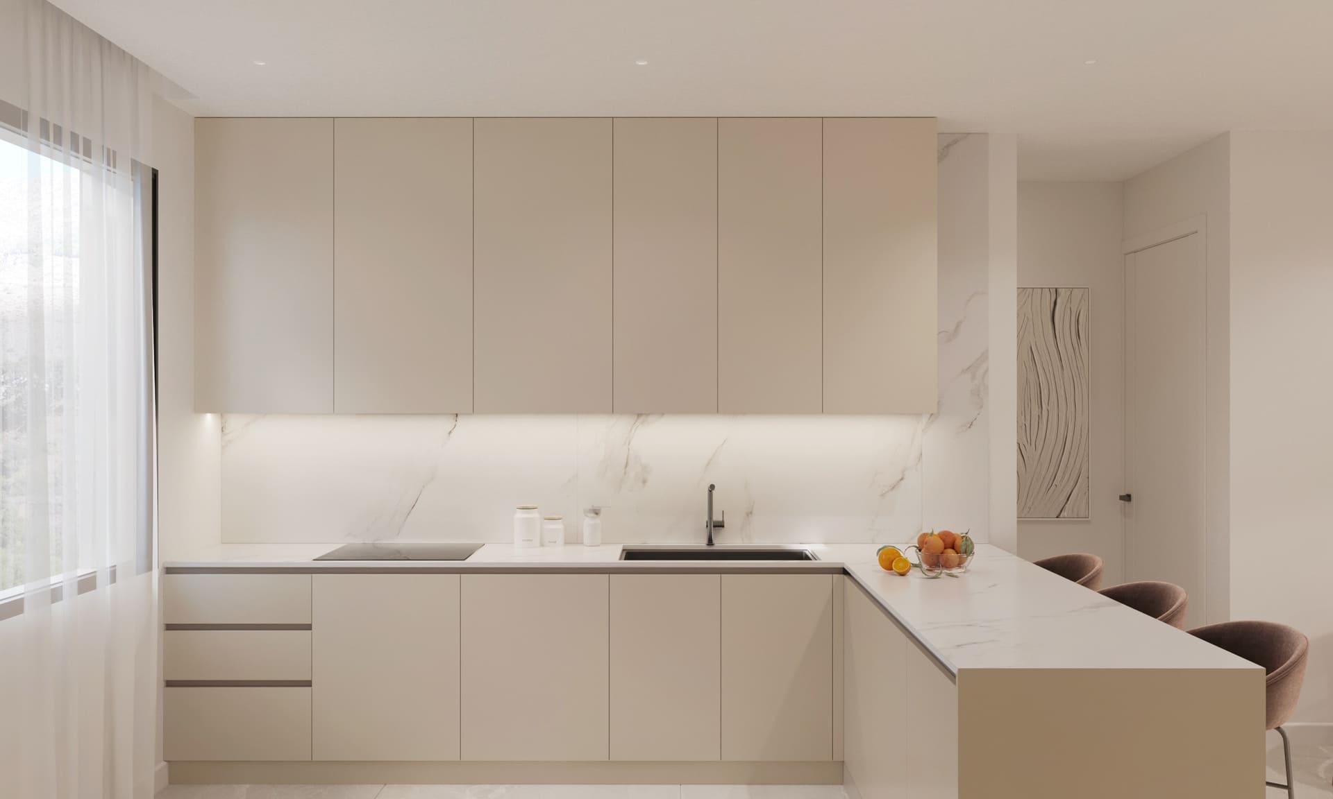 Kitchen island or breakfast bar area, new-build apartment, Azata Golf Estepona Oeste