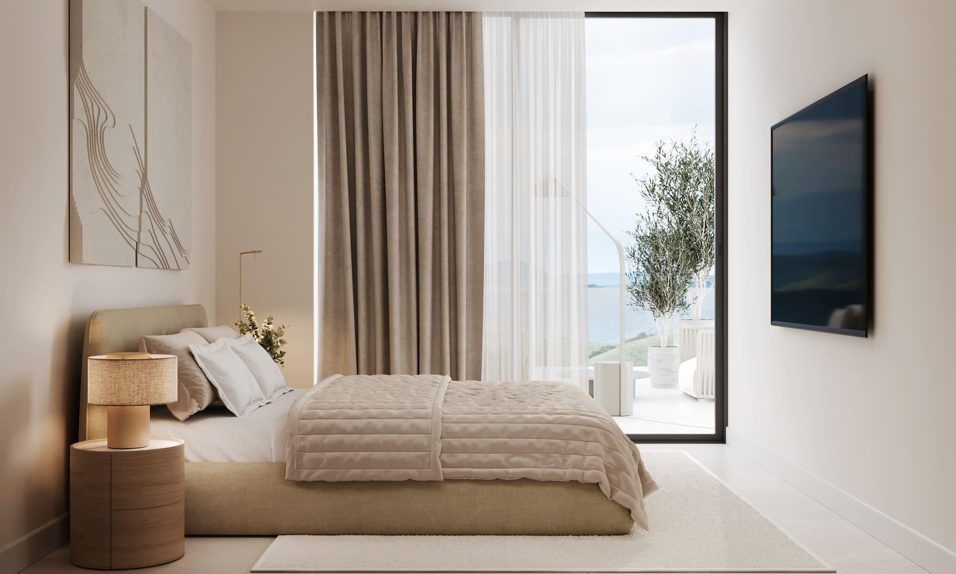 Communal pool viewed from first floor, new-build development, Azata Golf Estepona Oeste