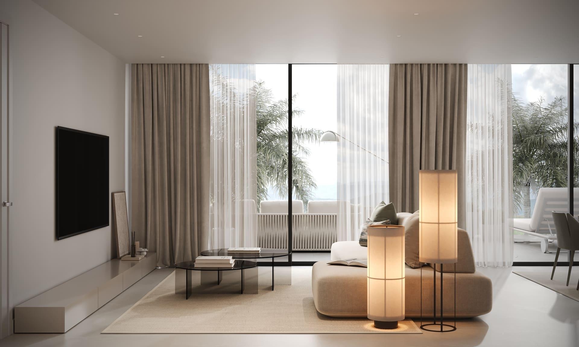 Living room with open floor plan, new-build apartment, Azata Golf Estepona Oeste