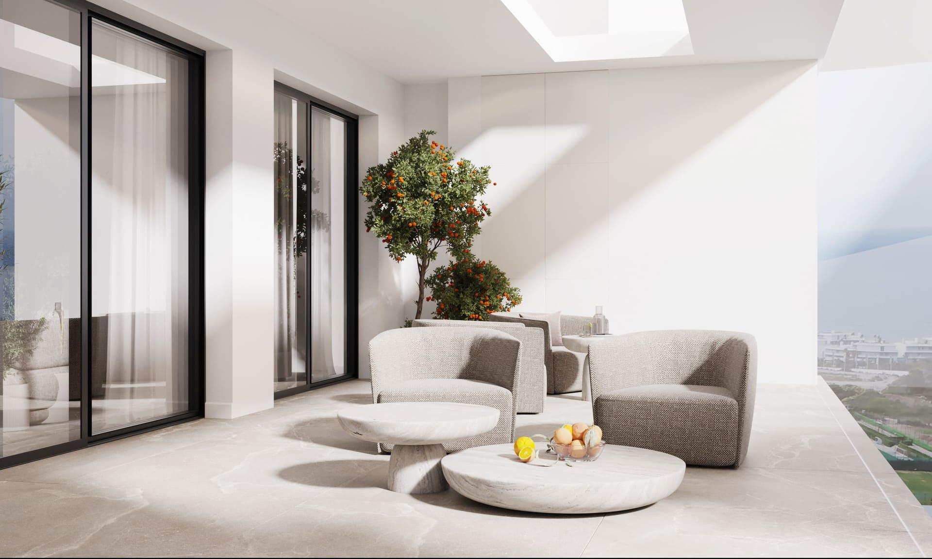 Community area with seating, new-build development, Azata Golf Estepona Oeste