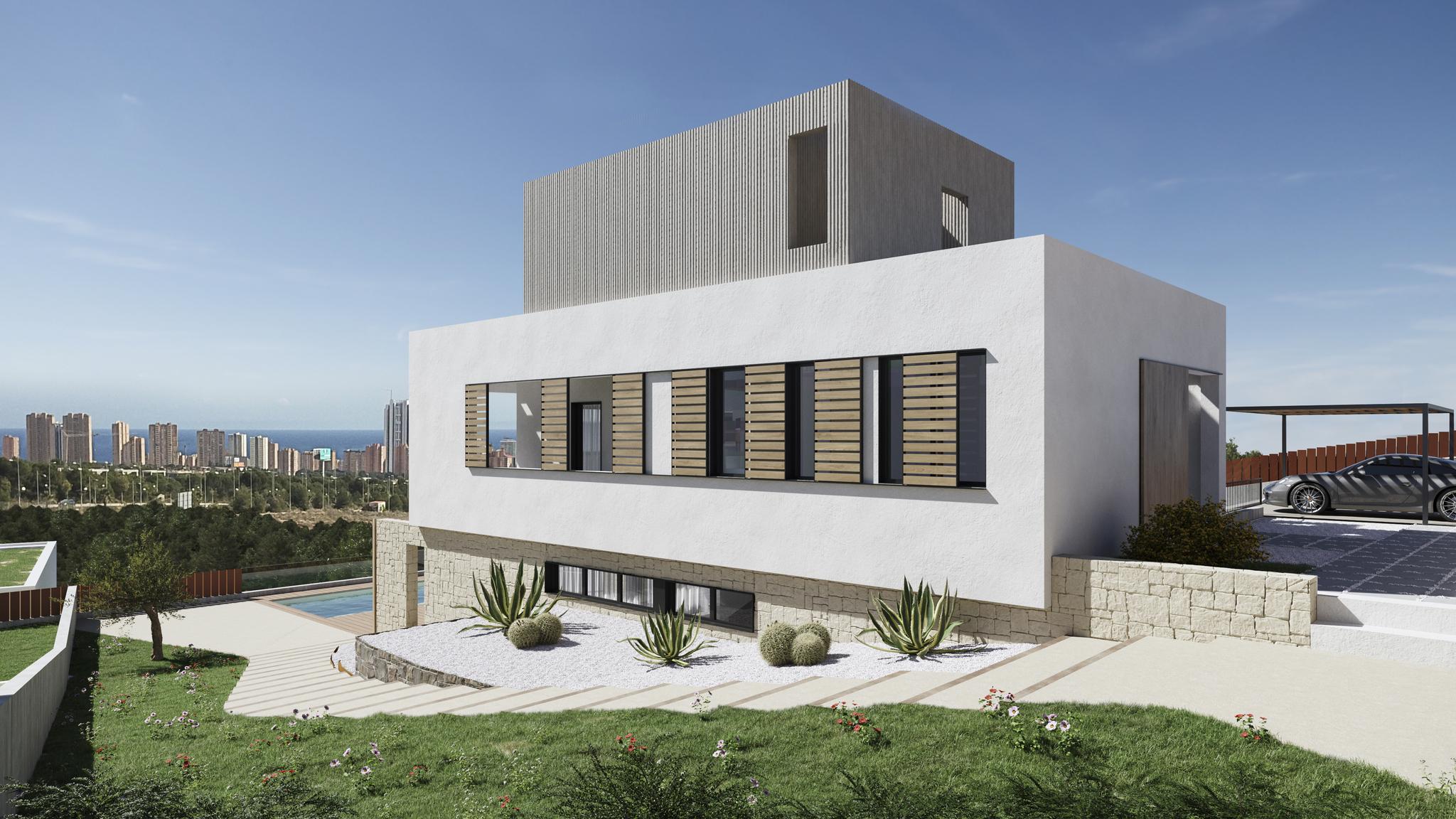 Rear garden area and outdoor space of new-build villa, Camporrosso Village, Finestrat