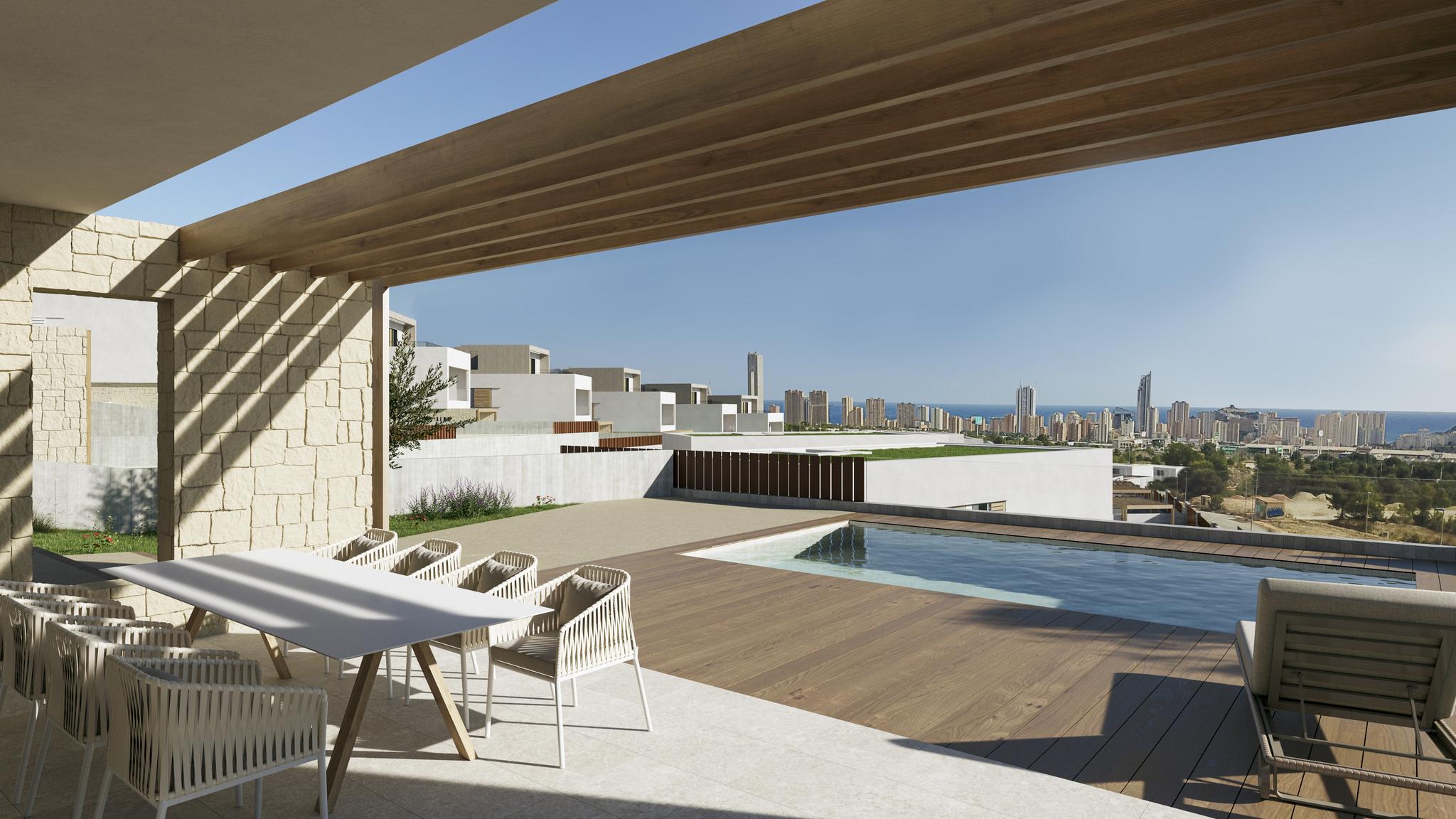 Living room interior of new-build villa, Camporrosso Village, Finestrat