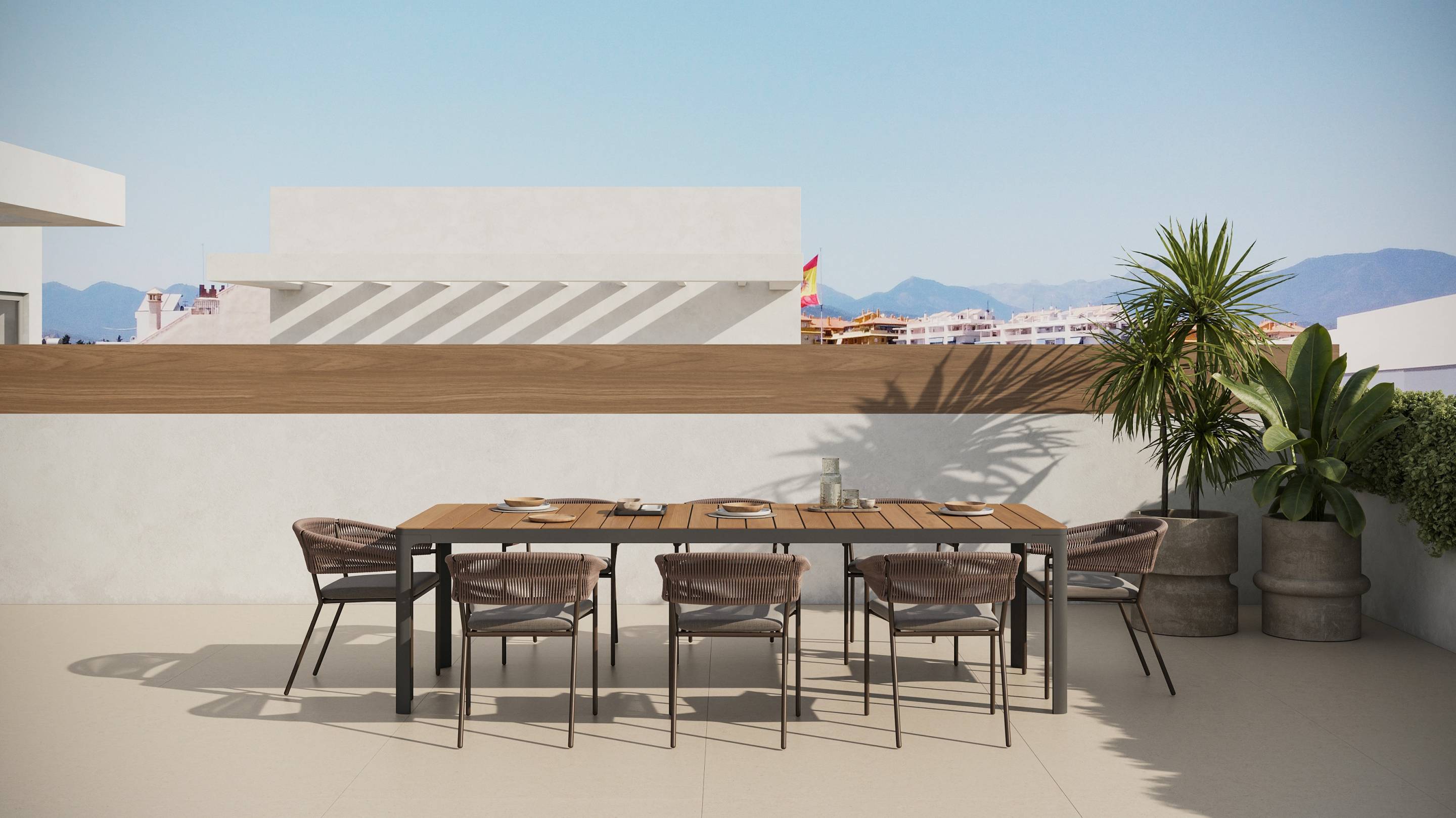 Exterior landscaping and boundary, new-build bungalow development, San Pedro