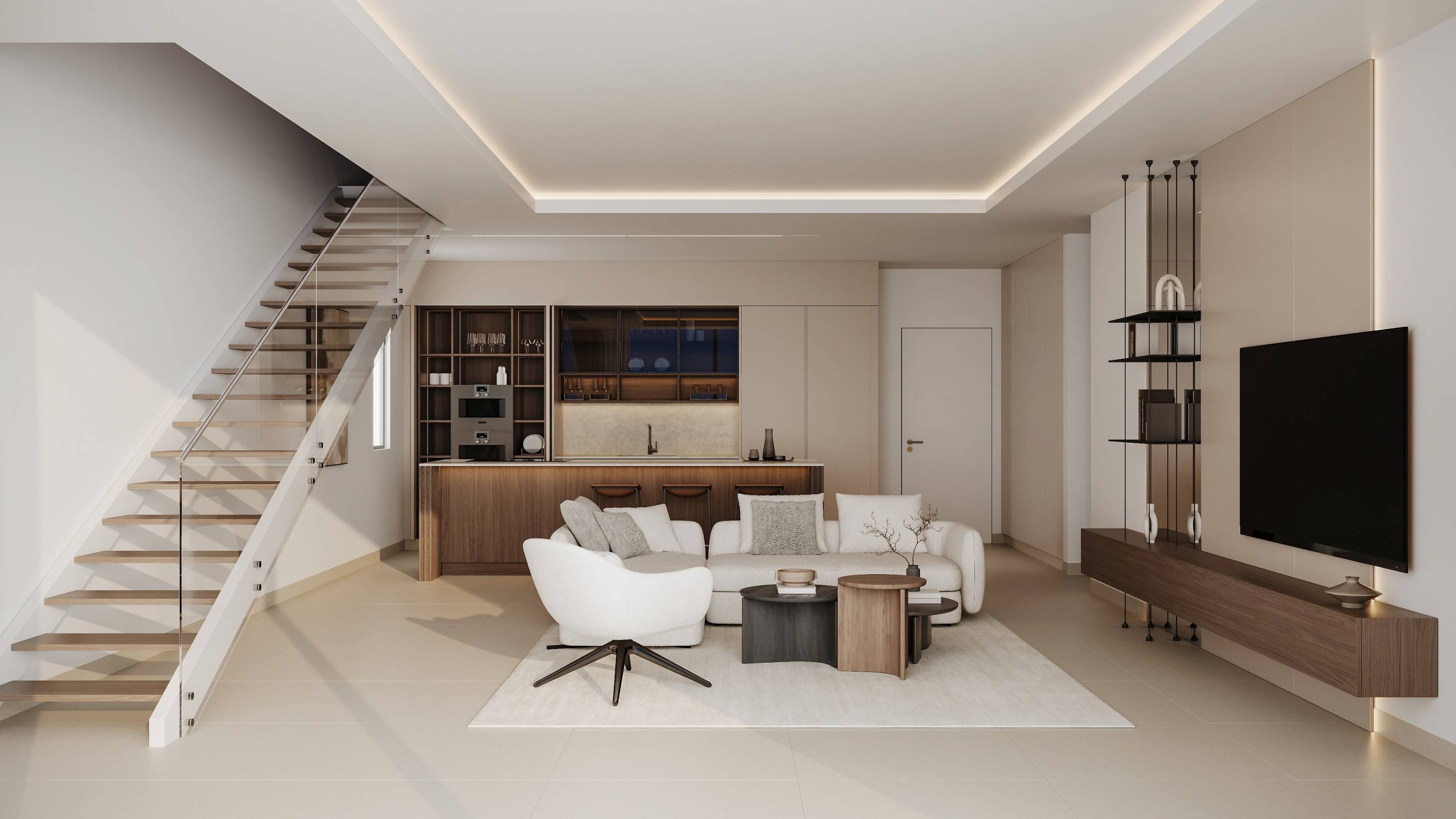 Living room with open layout in new-build bungalow, San Pedro