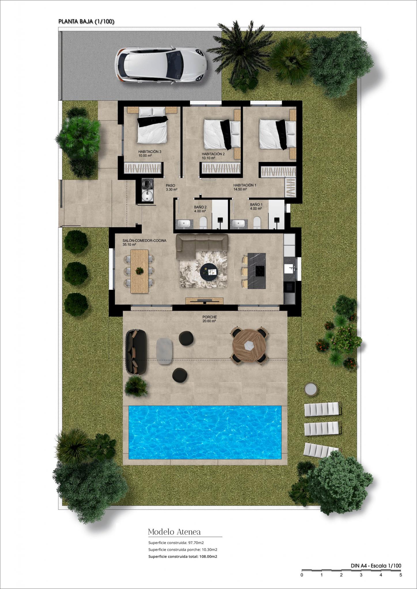 Floor plan of 3-bedroom villa in La Montanosa, Hondón de las Nieves, 108m2 build