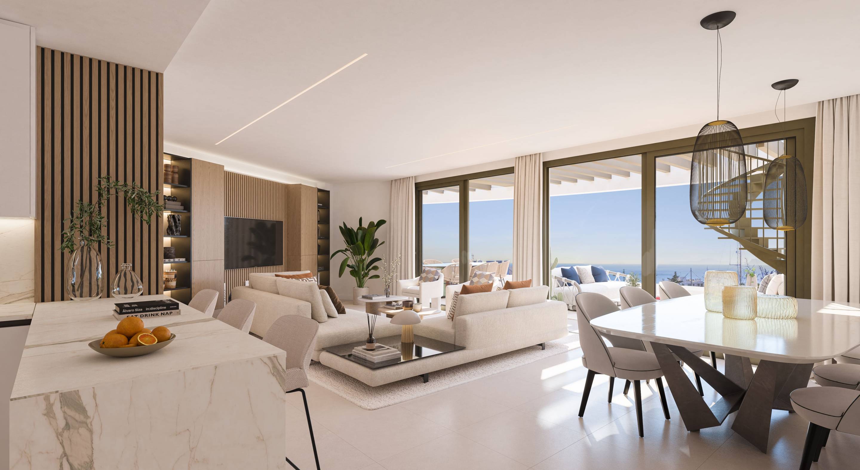 CGI render of kitchen-diner in new-build apartment, Las Mesas, Estepona