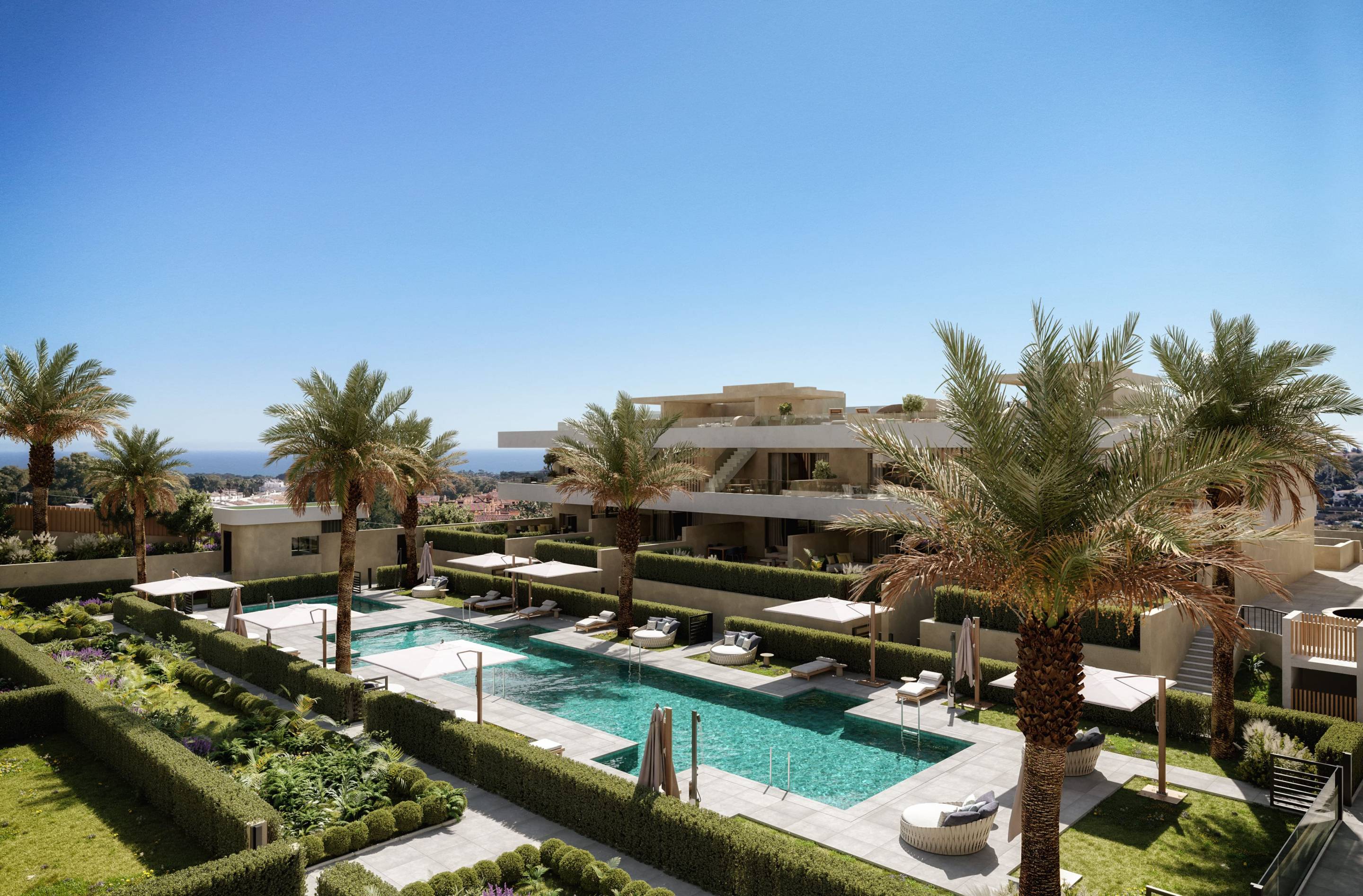 New-build apartment for sale in Estepona Centro - exterior view of 3-storey residential development