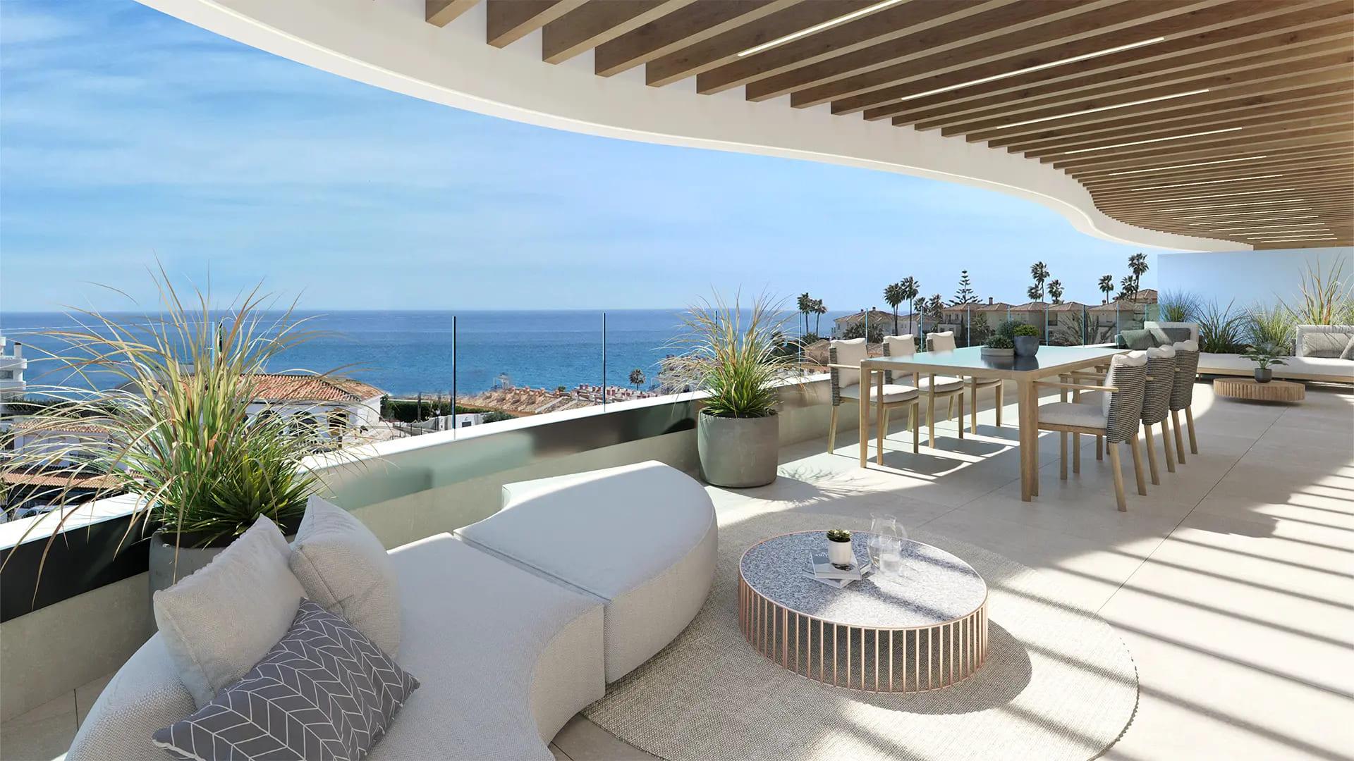 Open-plan living and dining area in 3-bedroom penthouse, Calaburra, Mijas