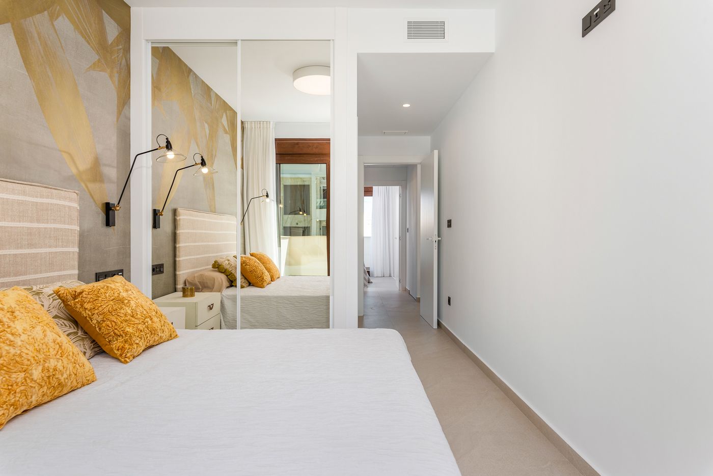 Bedroom interior with neutral finishes, new-build apartment, Los Balcones