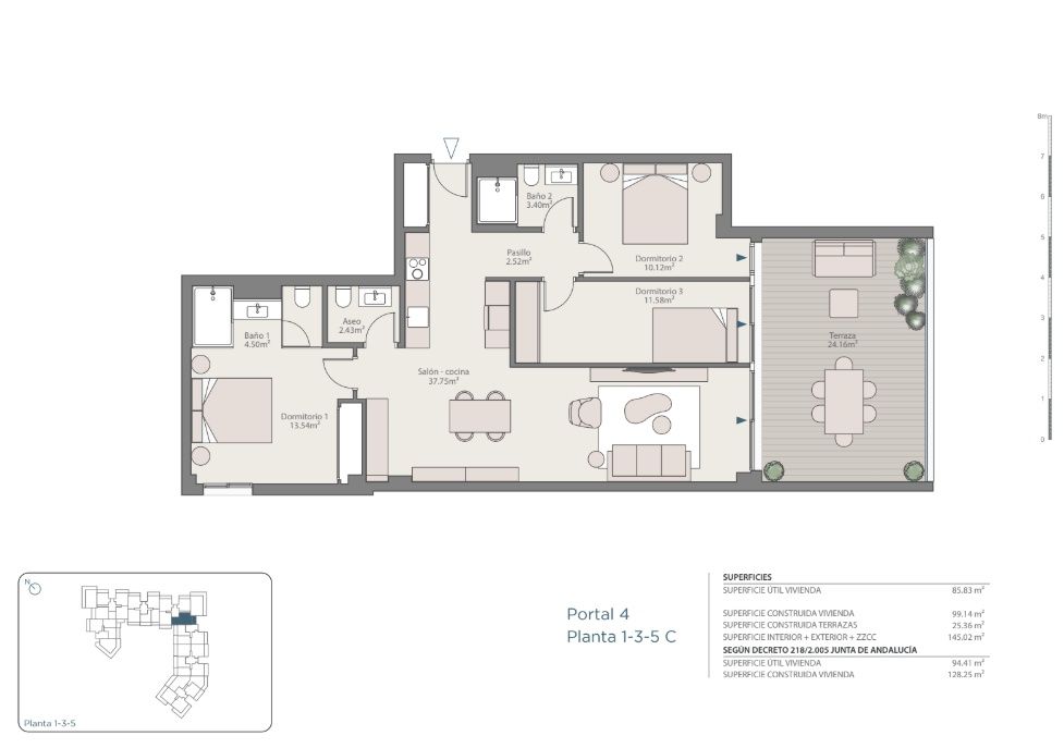 Floor plan of the 3-bedroom apartment in Los Pacos