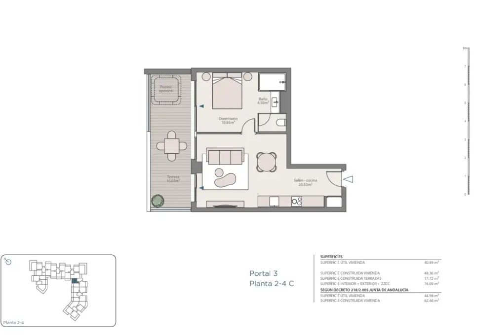Floor plan of the 1-bedroom apartment in Los Pacos
