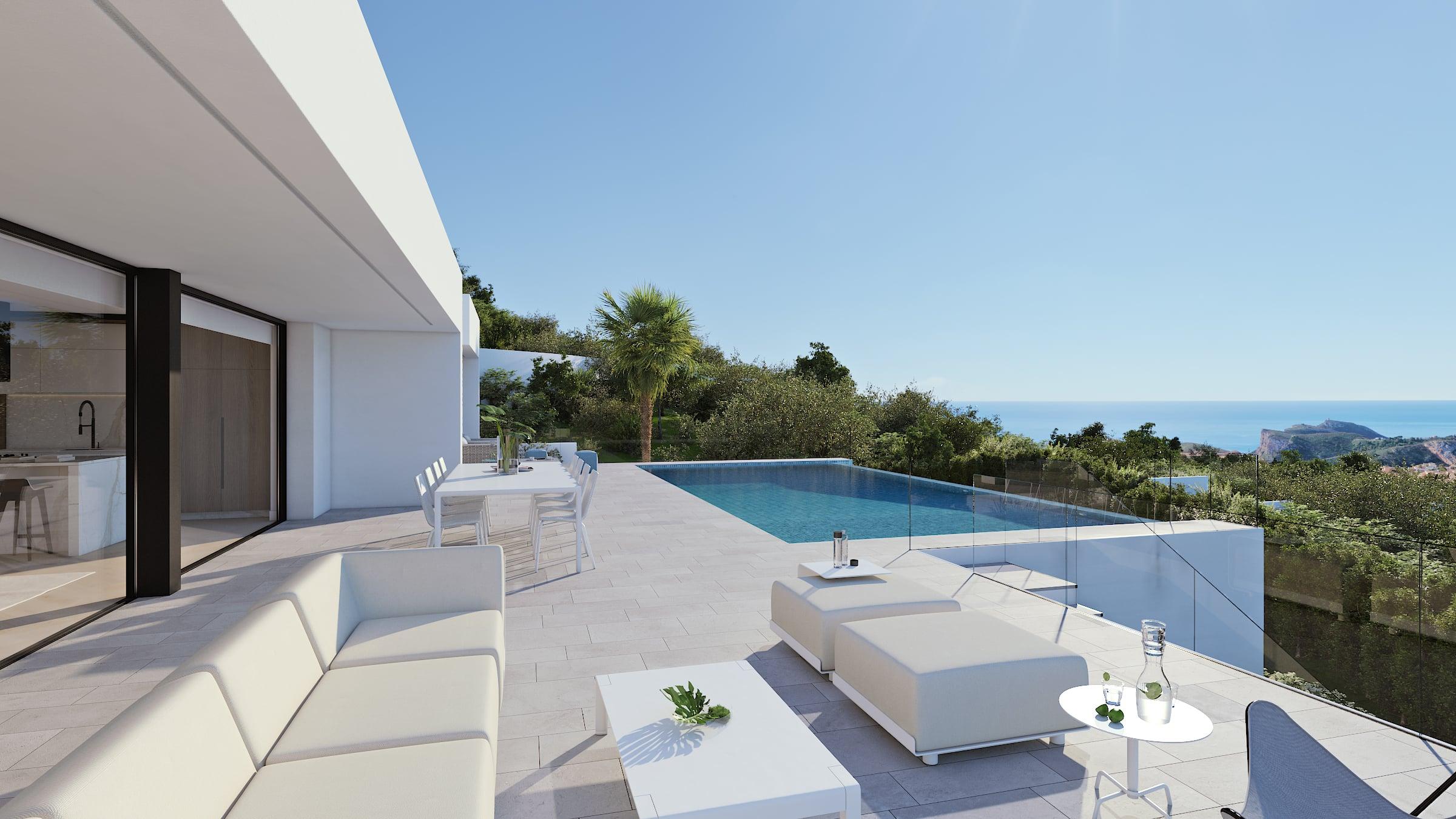 Exterior evening view of new-build villa, Benitachell, Alicante