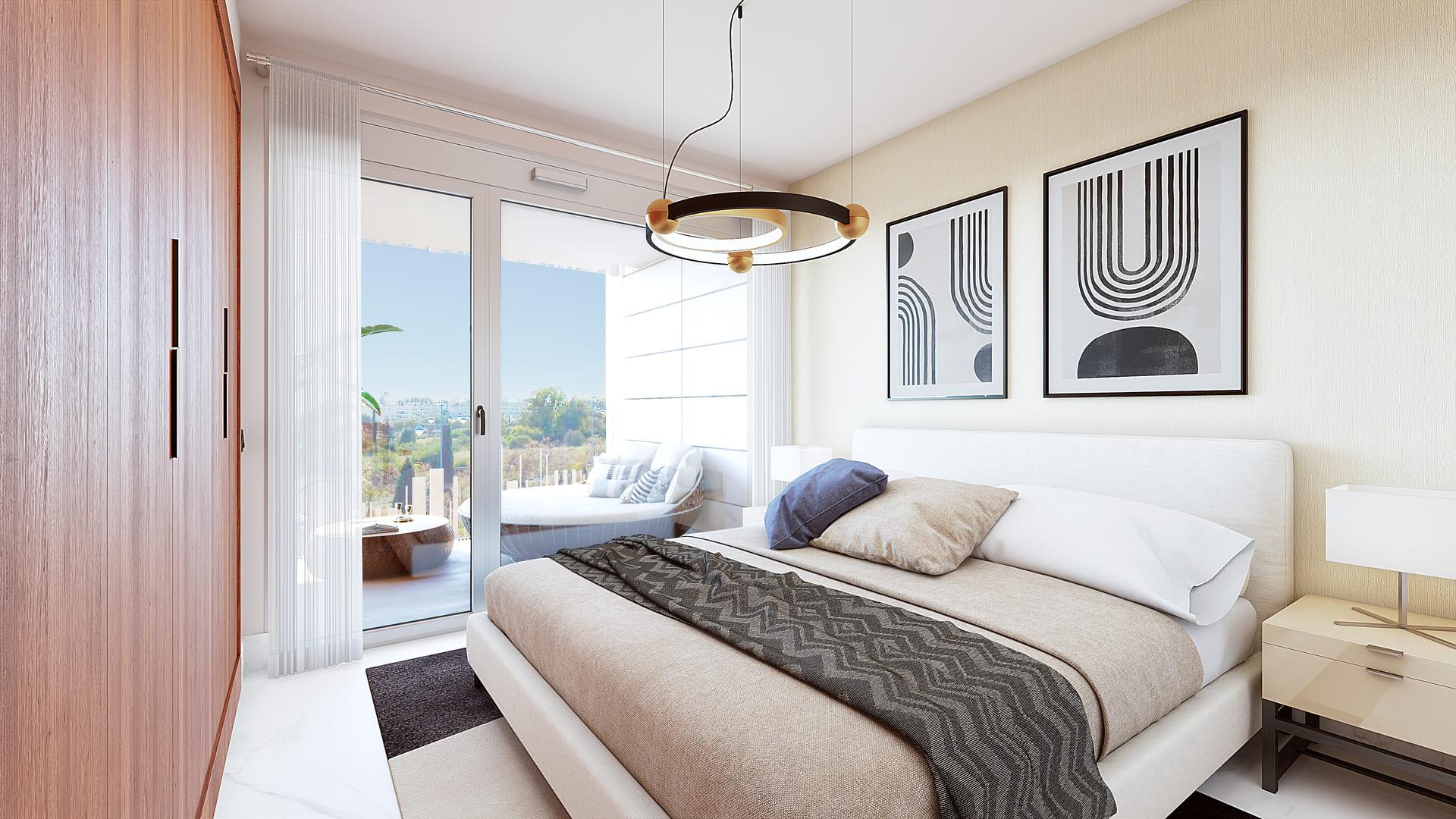 Main bedroom with large windows in 4-bedroom penthouse, San Pedro