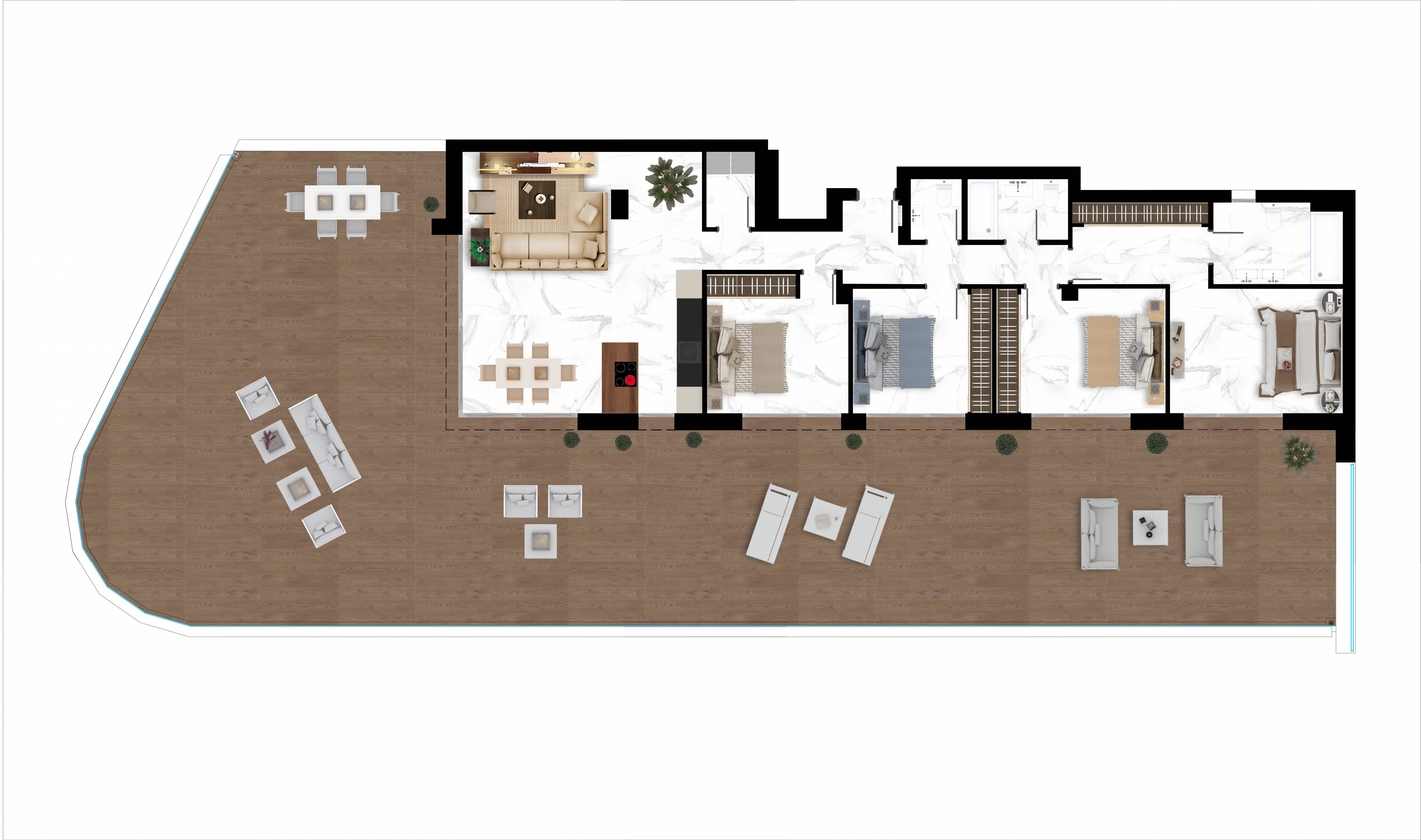 Top-floor terrace of new-build penthouse at sunset, San Pedro