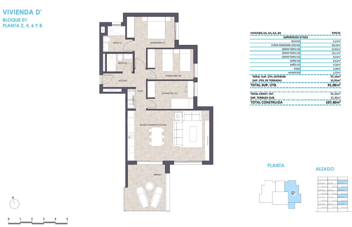 Floor plan of the 3-bedroom apartment in Playa de Fossa-Levante
