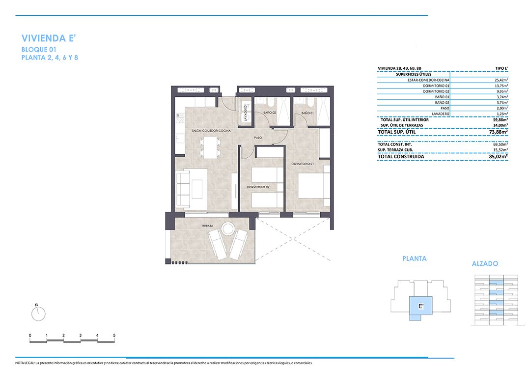 Floor plan of the 2-bedroom apartment in Playa de Fossa-Levante