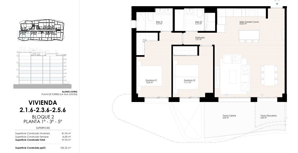 Floor plan of the 2-bedroom apartment in Playas Del Torres