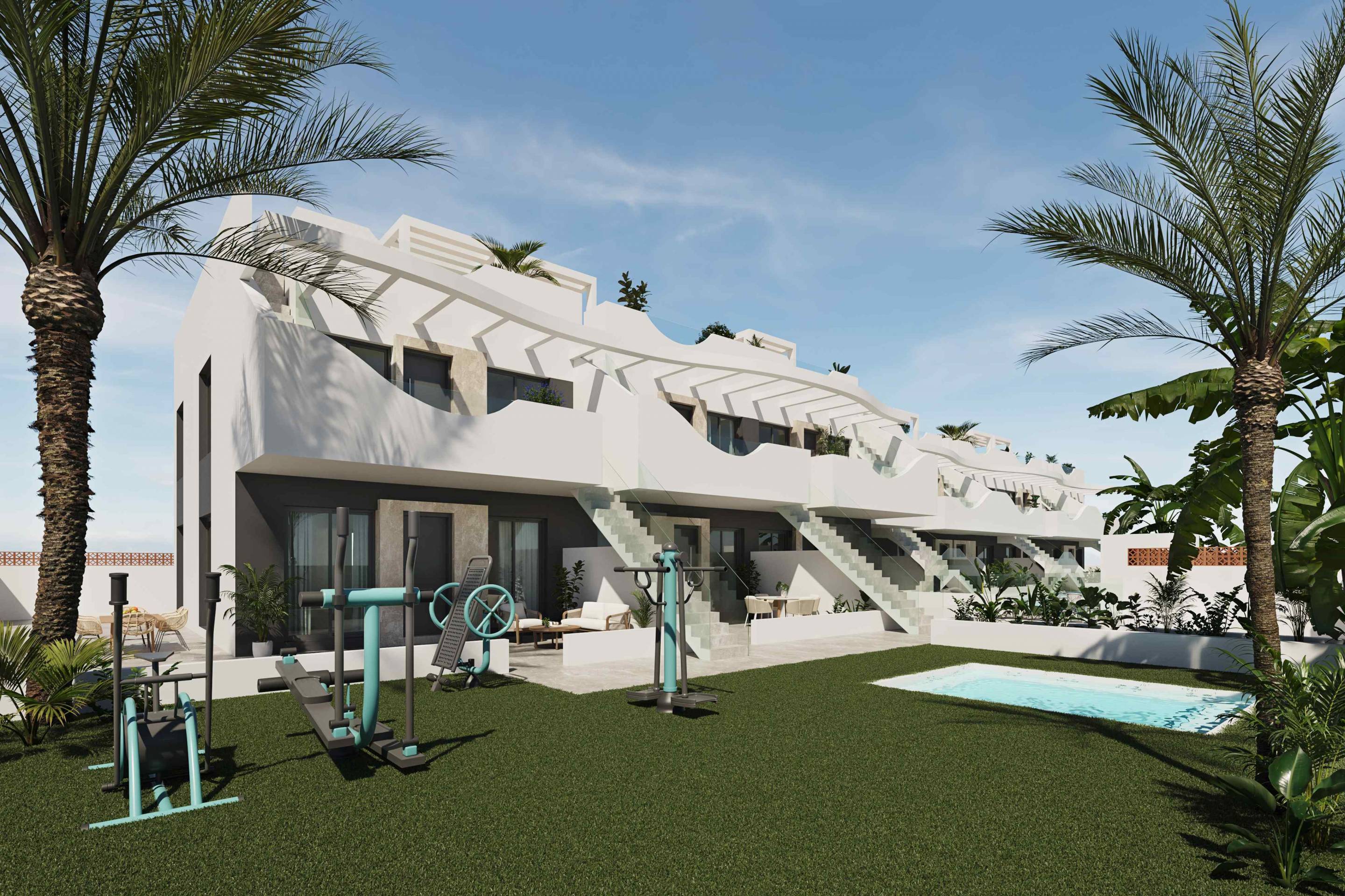 Outdoor area and communal pool, new-build bungalow development, Zona Pueblo